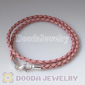 40cm Pink Braided Double Leather Bracelet with Sterling Lobster Clasp