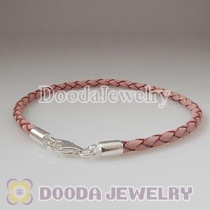 26cm Pink Braided Leather Bracelet with Sterling Lobster Clasp