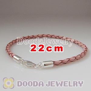 22cm Pink Braided Leather Bracelet with Sterling Lobster Clasp
