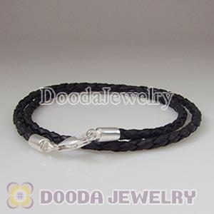 40cm Black Braided Double Leather Bracelet with Sterling Lobster Clasp