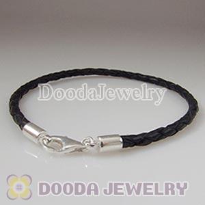 26cm Black Braided Leather Bracelet with Sterling Lobster Clasp