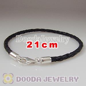 21cm Black Braided Leather Bracelet with Sterling Lobster Clasp