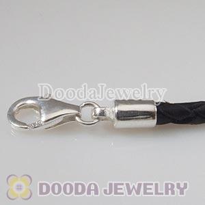 21cm European Style Single Black Braided Leather Bracelet with Lobster Clasp