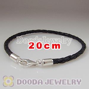 20cm Black Braided Leather Bracelet with Sterling Lobster Clasp