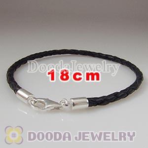 18cm Black Braided Leather Bracelet with Sterling Lobster Clasp
