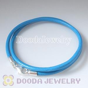 40cm Double Slippy Blue Leather Bracelet with Sterling Lobster Clasp