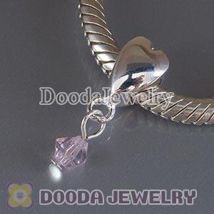 925 Sterling Silver European Heart Charms Dangle Pink Stone