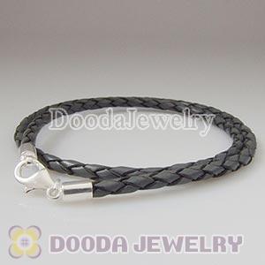 40cm Grey Braided Double Leather Bracelet with Sterling Lobster Clasp