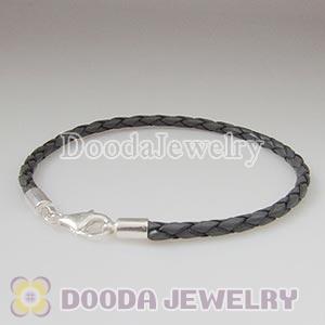 26cm Grey Braided Leather Bracelet with Sterling Lobster Clasp