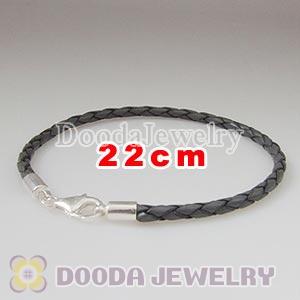 22cm Grey Braided Leather Bracelet with Sterling Lobster Clasp