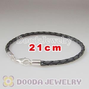 21cm Grey Braided Leather Bracelet with Sterling Lobster Clasp