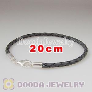 20cm Grey Braided Leather Bracelet with Sterling Lobster Clasp