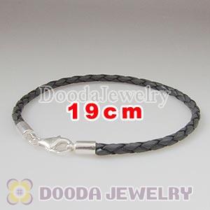 19cm Grey Braided Leather Bracelet with Sterling Lobster Clasp
