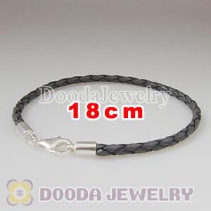 18cm Grey Braided Leather Bracelet with Sterling Lobster Clasp