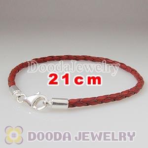 21cm Red Braided Leather Bracelet with Sterling Lobster Clasp