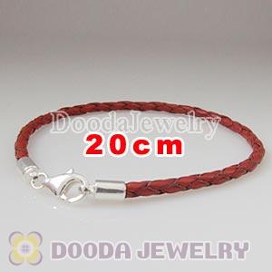 20cm Red Braided Leather Bracelet with Sterling Lobster Clasp