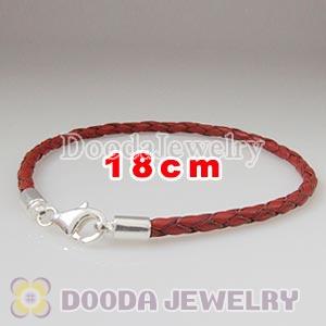 18cm Red Braided Leather Bracelet with Sterling Lobster Clasp