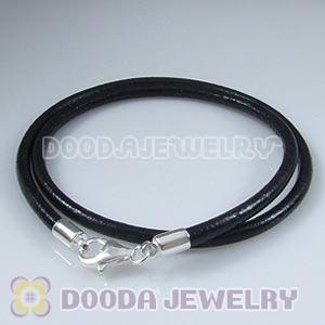 40cm Double Slippy Black Leather Bracelet with Sterling Lobster Clasp