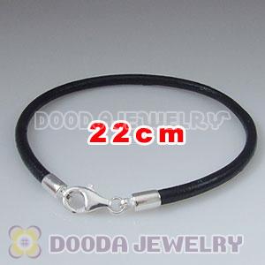 22cm Single Slippy Black Leather Bracelet with Sterling Lobster Clasp