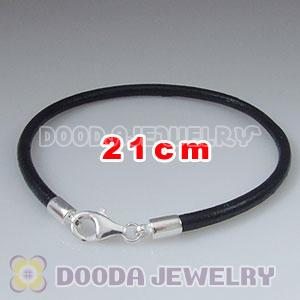 21cm Single Slippy Black Leather Bracelet with Sterling Lobster Clasp