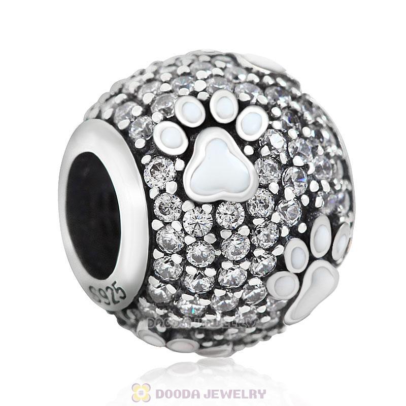 White Dog Pawprint Charm with Clear CZ
