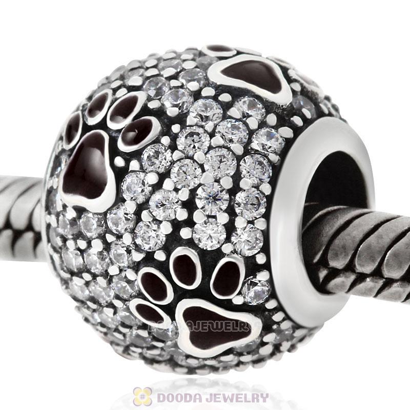 Black Dog Pawprint Charm with Clear CZ