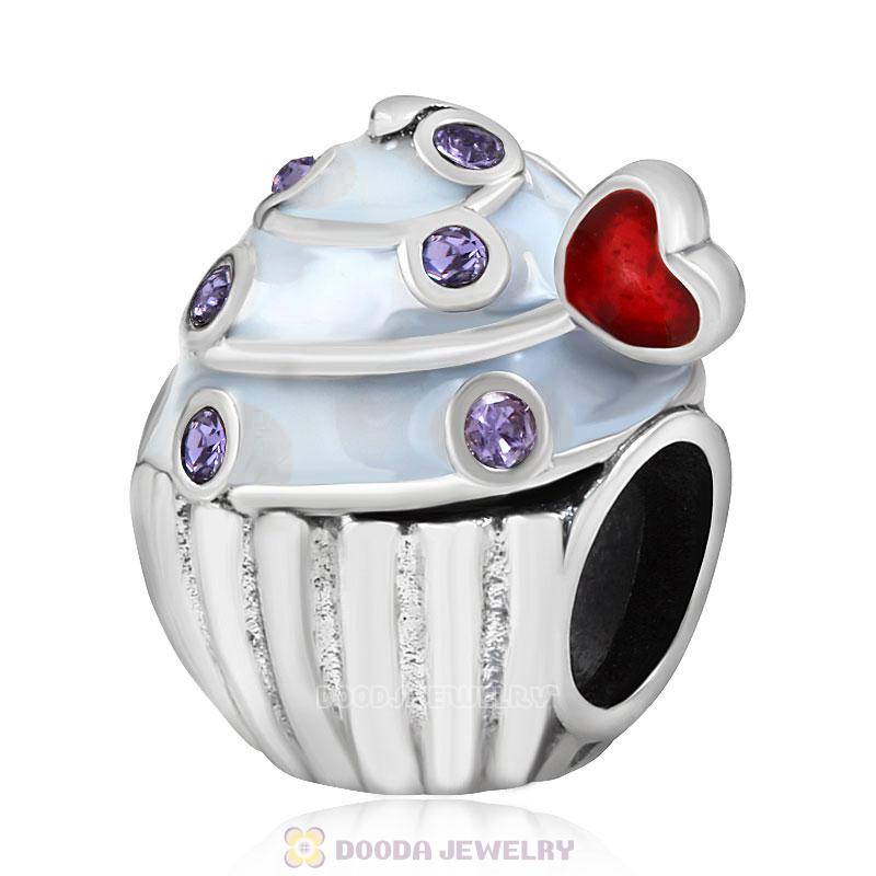 Heart Cupcake Charm Bead with Tanzanite Austrian Crystal