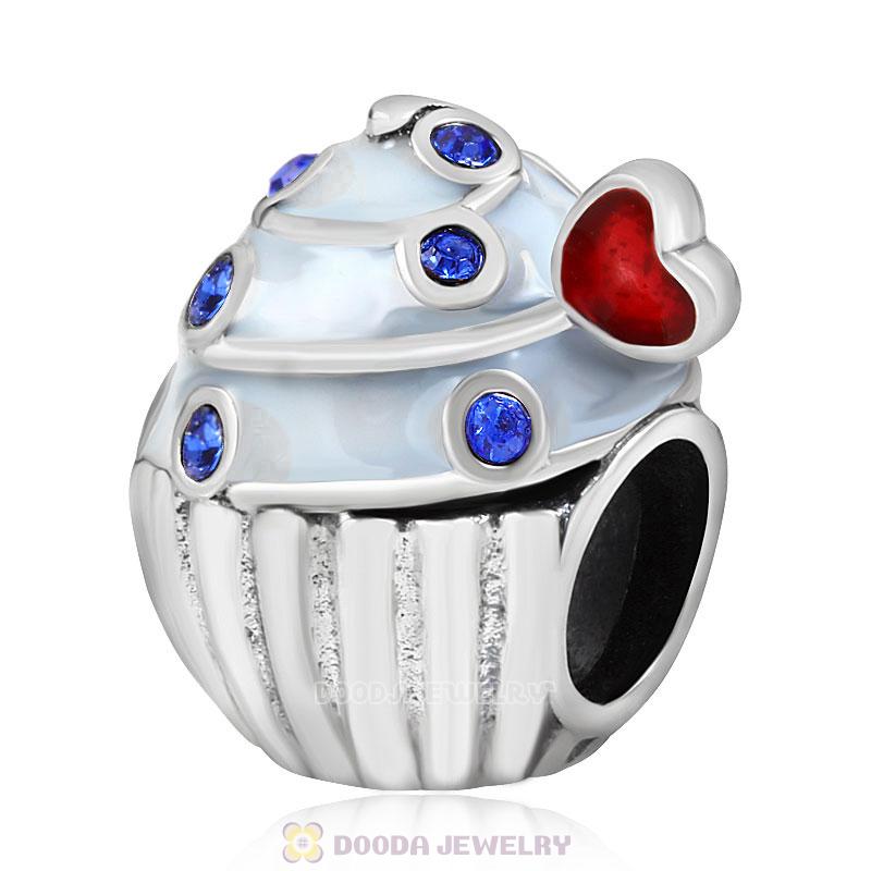 Heart Cupcake Charm Bead with Sapphire Austrian Crystal