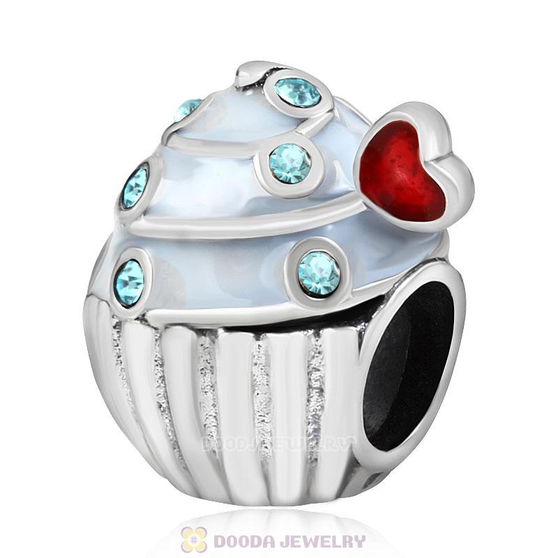 Heart Cupcake Charm Bead with Aquamarine Austrian Crystal
