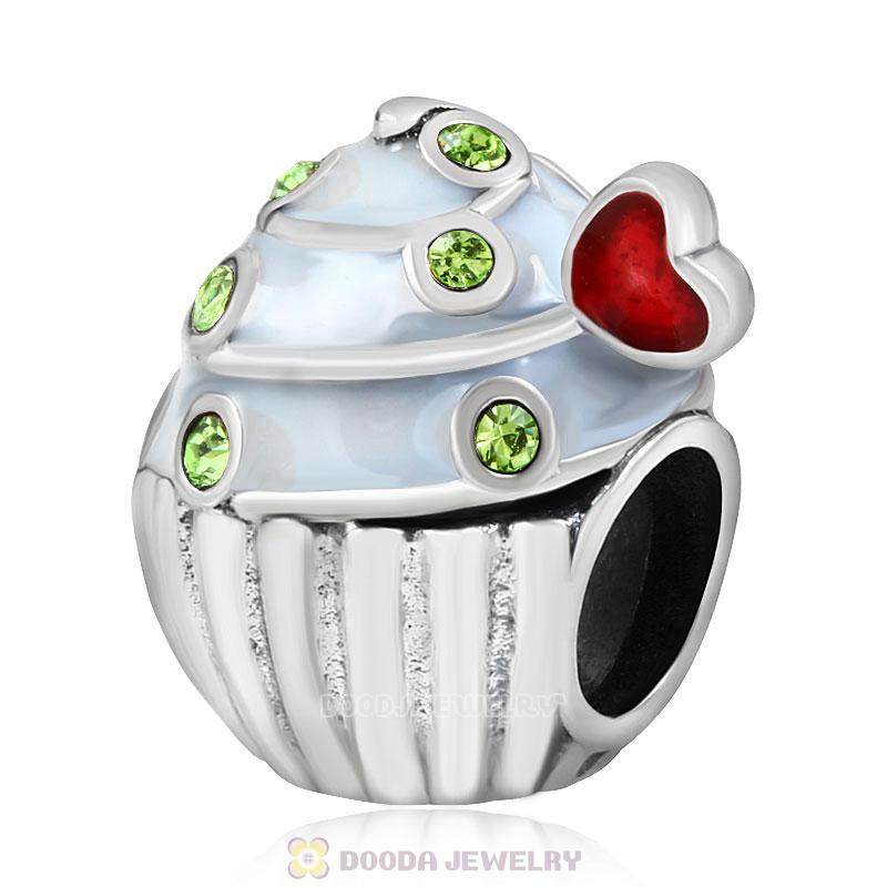 Heart Cupcake Charm Bead with Peridot Austrian Crystal