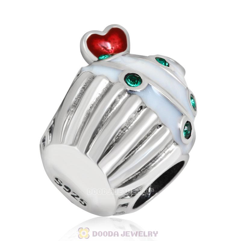 Heart Cupcake Charm Bead with Emerald Austrian Crystal