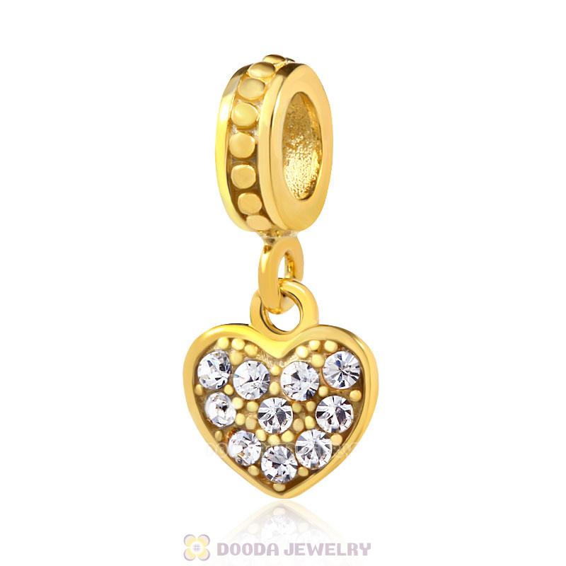 18K Gold Heart Dangle Charm with Clear Austrian Crystal