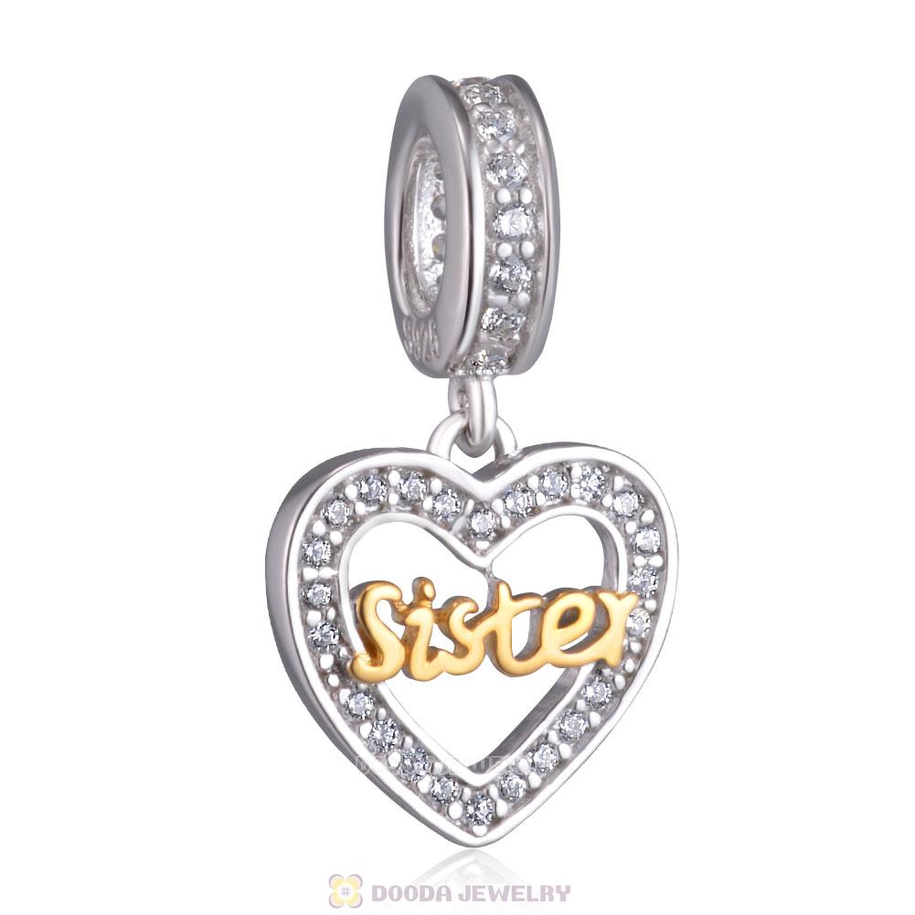 Love Sister Heart Dangle Charm Beads 925 Sterling Silver