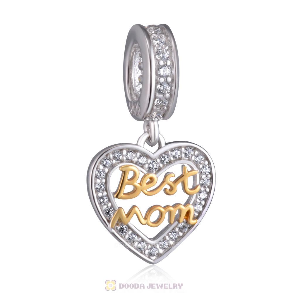 Best Mom Heart Dangle Charm Beads 925 Sterling Silver