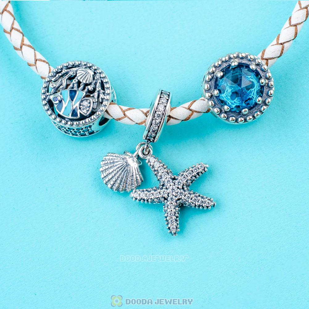 White Braided Leather Bracelet with Oceanic Starfish Charms