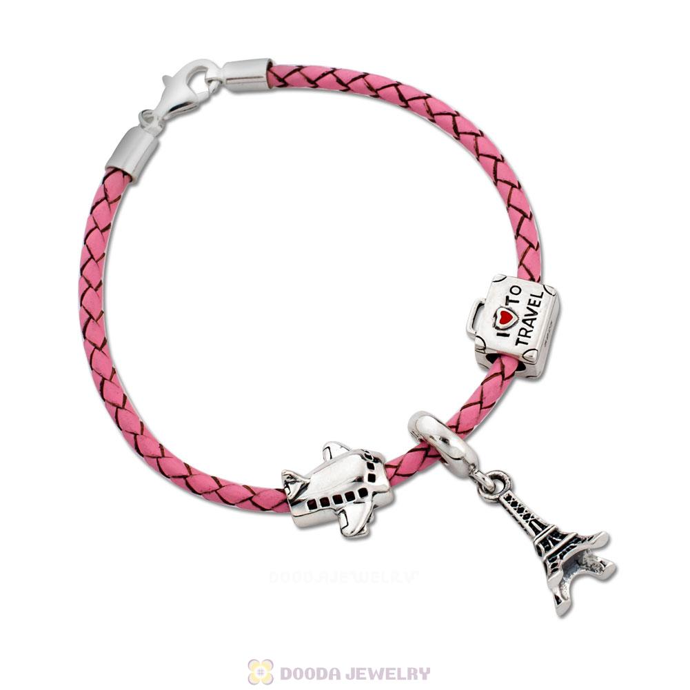 Paris Tour Pink Braided Leather Bracelet Charms Travel Lover Gifts