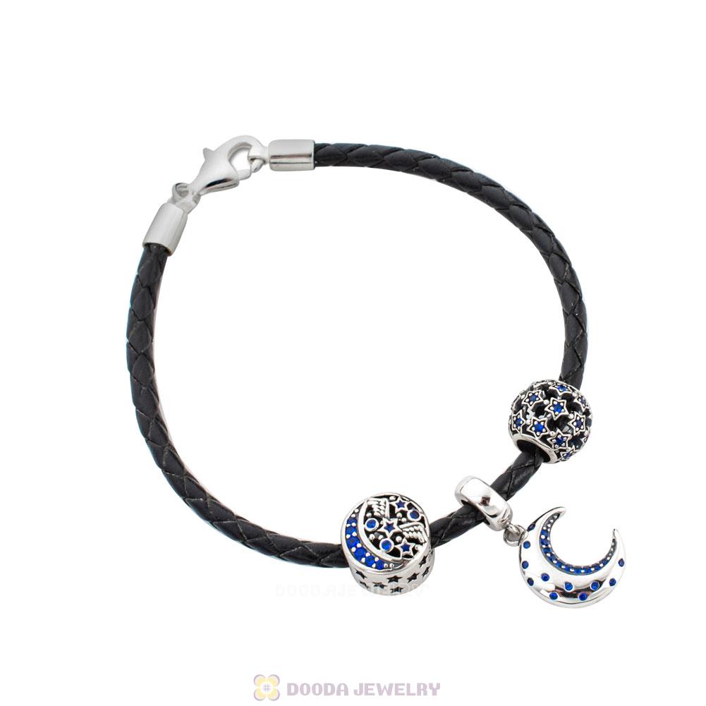 Starry Night Black Braided Leather Moon and Star Bracelet Charms