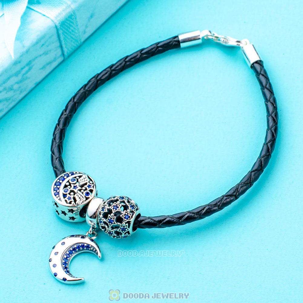 Starry Night Black Braided Leather Moon and Star Bracelet Charms