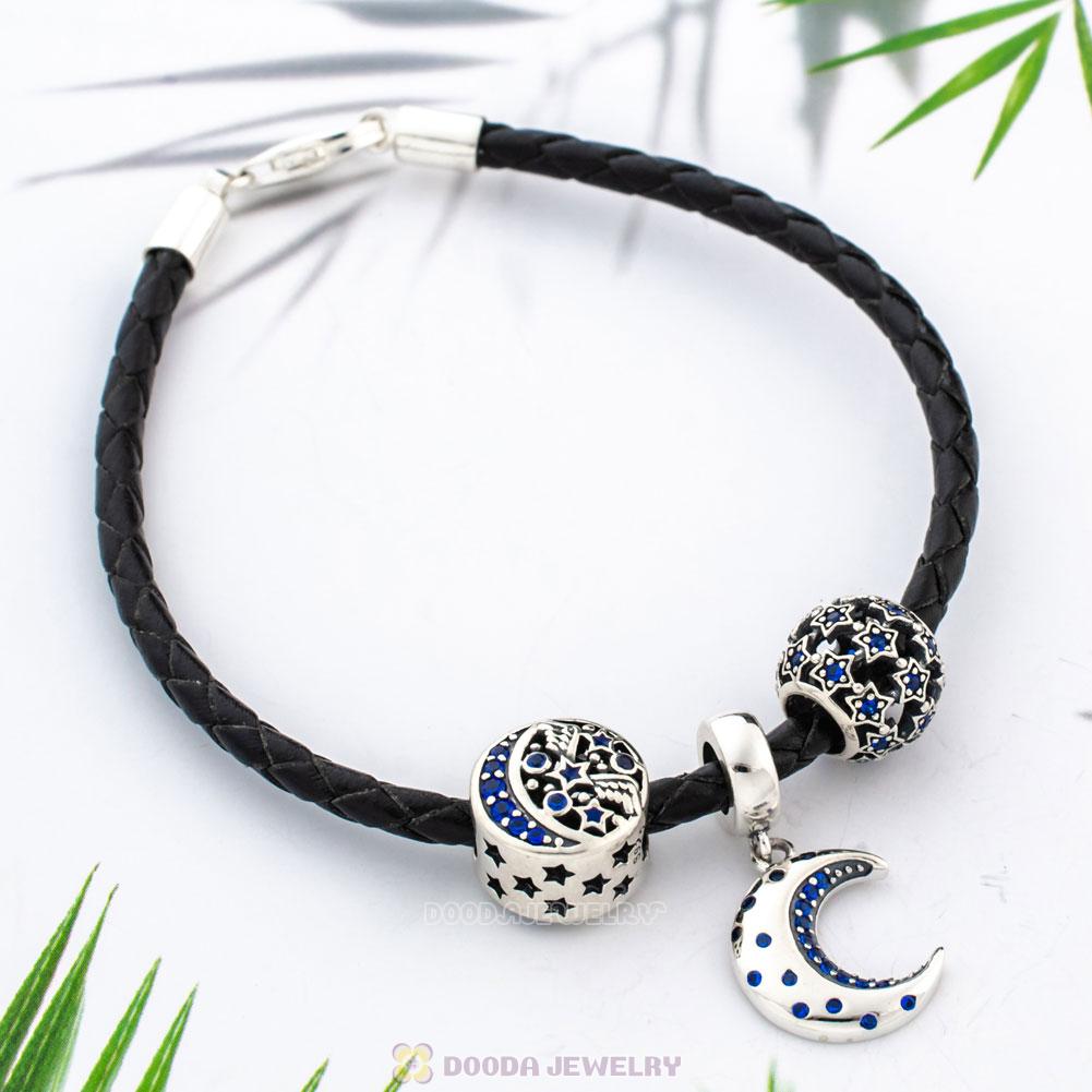 Starry Night Black Braided Leather Moon and Star Bracelet Charms