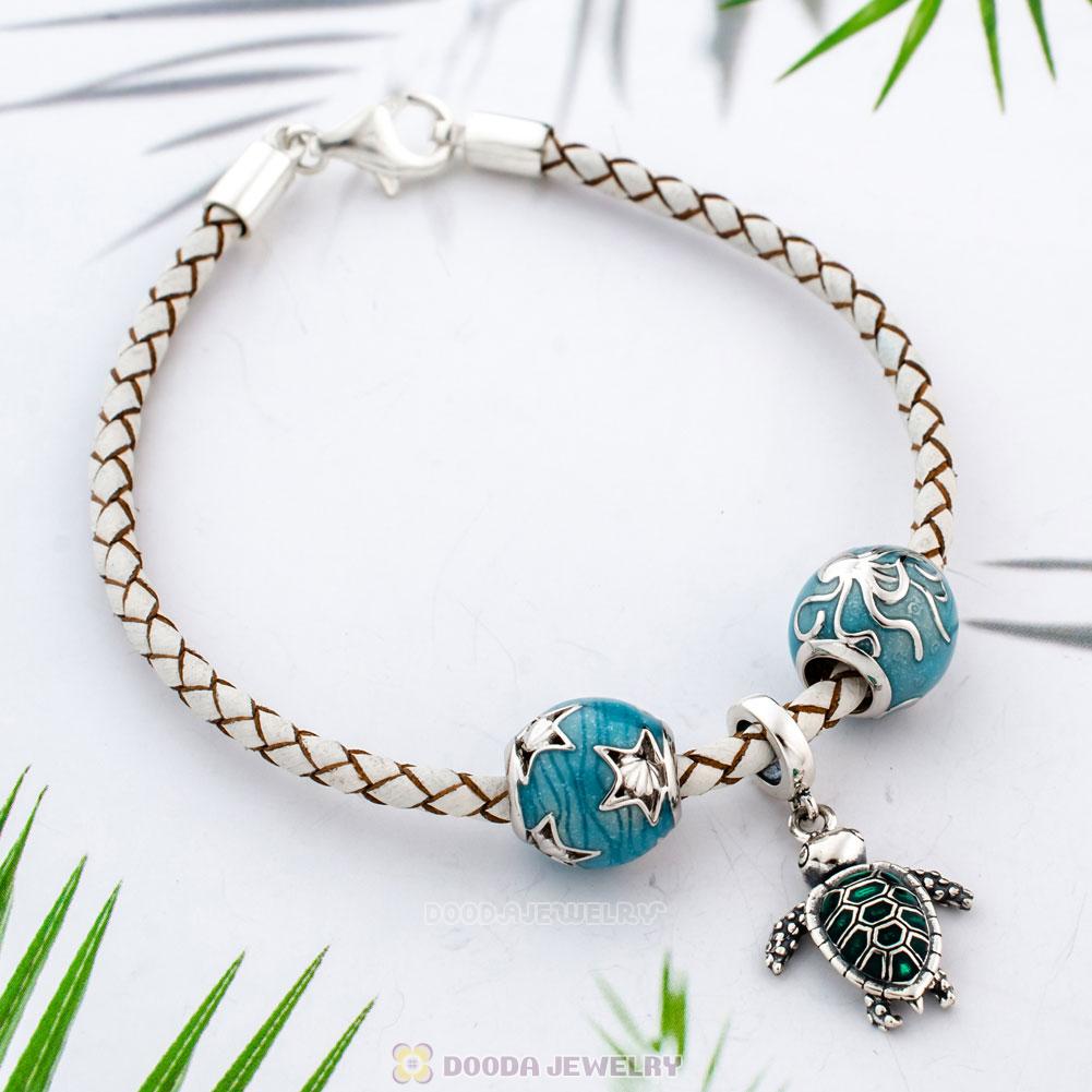 Ocean World White Braided Leather Turtle Bracelet Charms