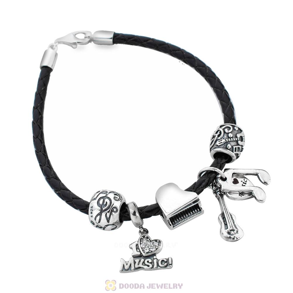 Sound of Music Black Braided Leather Muiscal Note Bracelet Charms