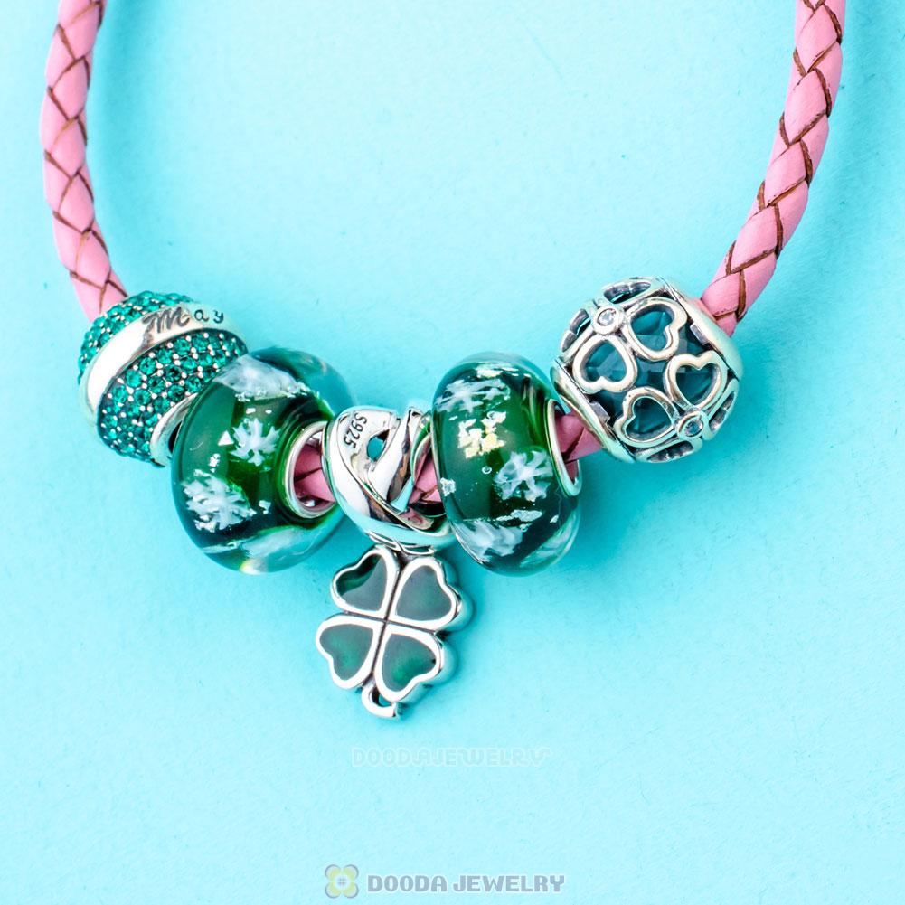 St Patrick Shamrock Braided Leather Green Bracelet Charms