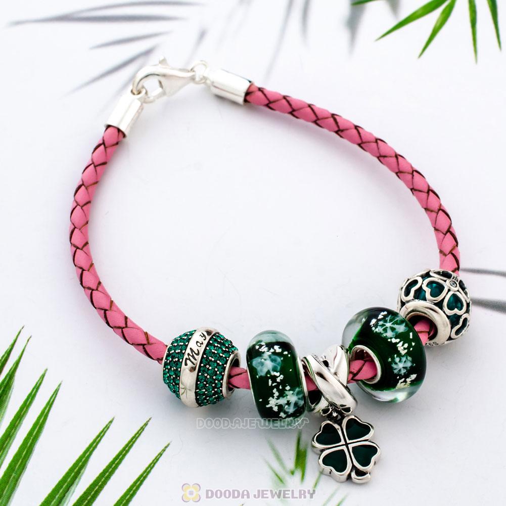 St Patrick Shamrock Braided Leather Green Bracelet Charms