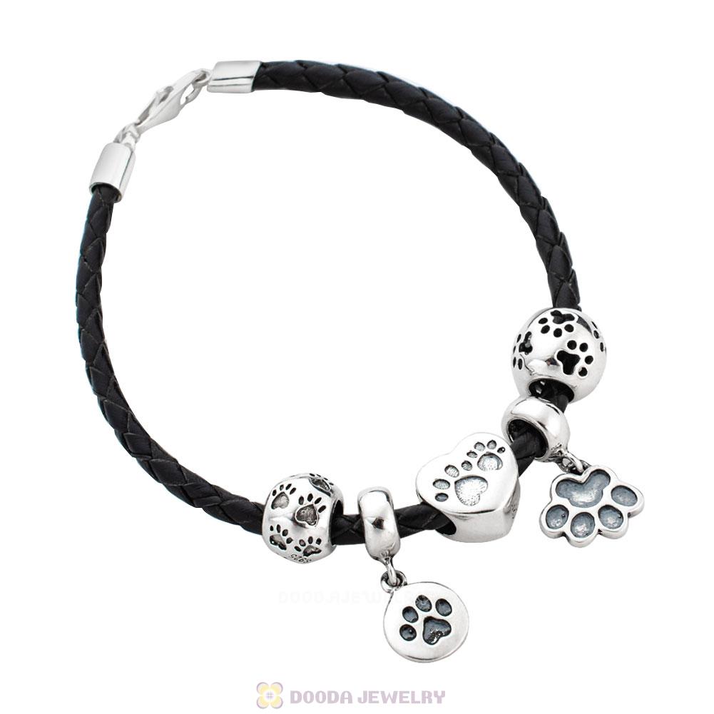 Sterling Silver Black Braided Leather Animal Paw Print Bracelet Charms
