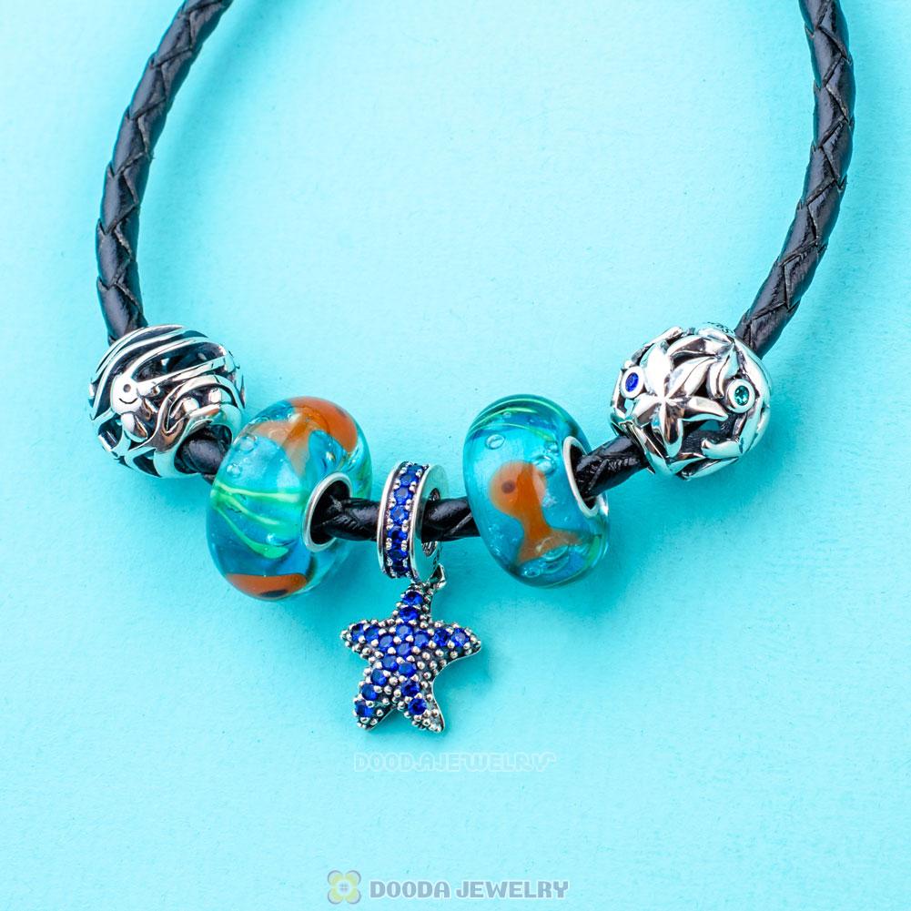 Oceanic Life Black Braided Leather Murano Glass Bracelet Charms