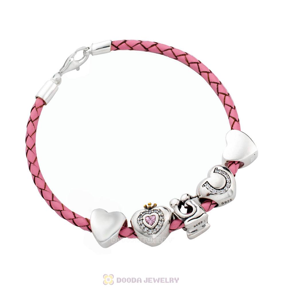 Pink Braided Leather Valentines Idea Love Bracelet Charms