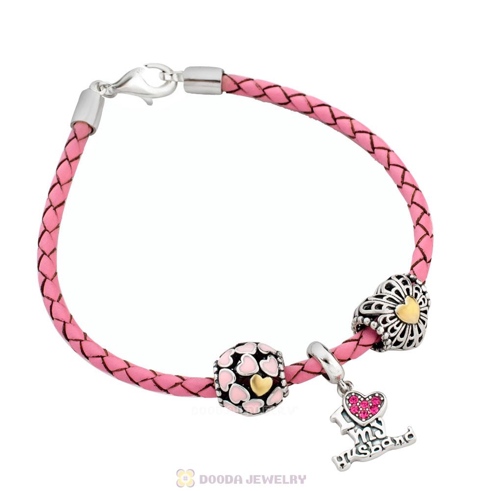 Pink Braided Leather Valentines with Love Bracelet Charms From Husband