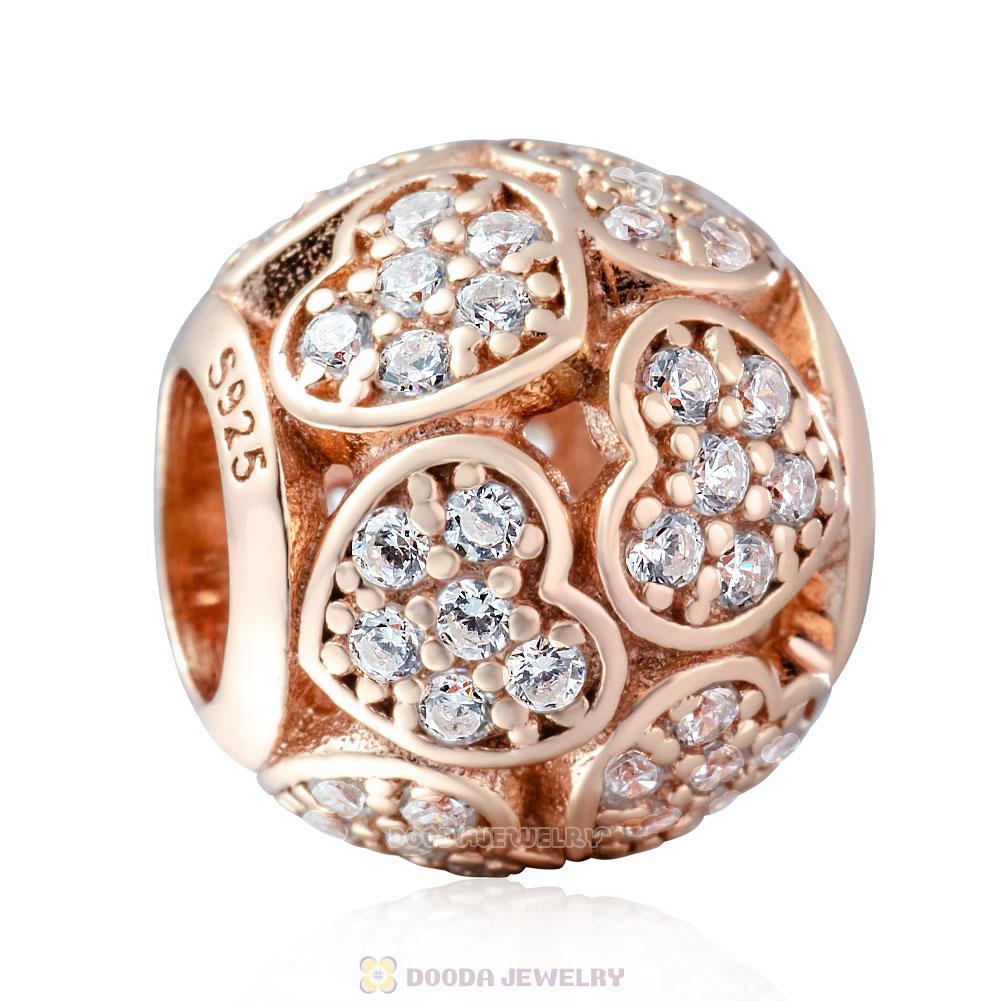 Rose Gold Trumbling Heart Charm Bead with White Zircon