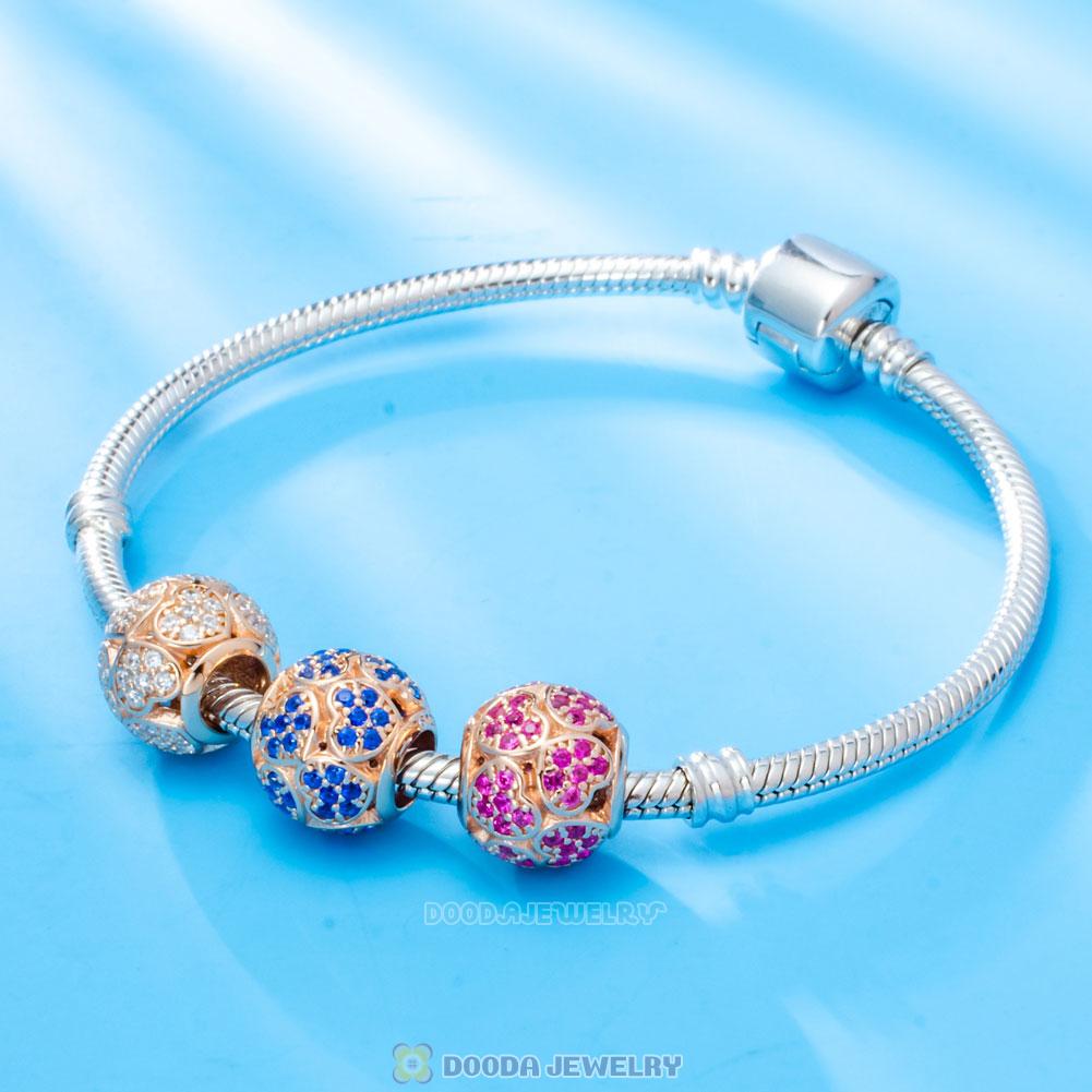 Rose Gold Trumbling Heart Charm Bead with Fuchsia Zircon