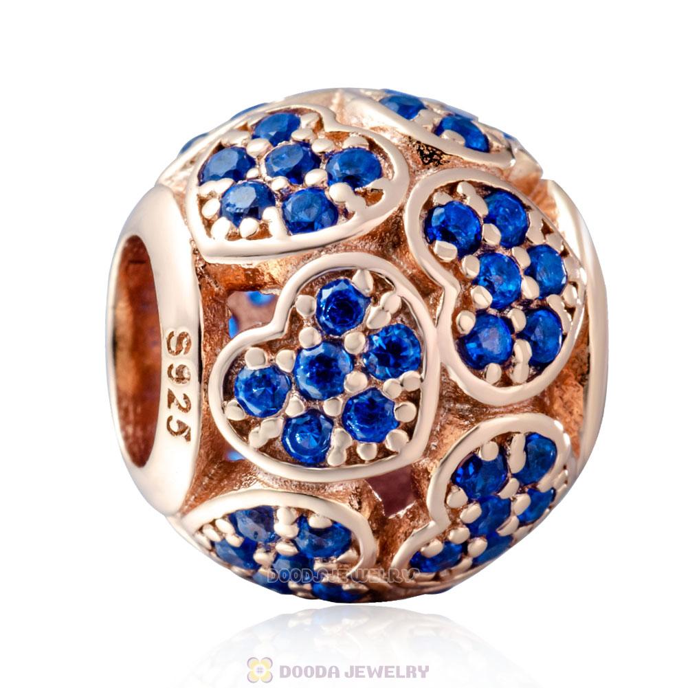 Rose Gold Trumbling Heart Charm Bead with Blue Zircon